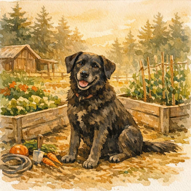 Daisy, the Meadow View Farm dog, sitting in the garden among raised beds with Douglas fir trees softly visible behind her — warm watercolor illustration