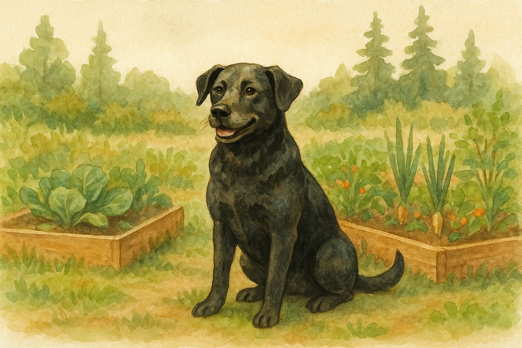 Daisy, the Meadow View Farm dog, sitting in the garden among raised beds with Douglas fir trees softly visible behind her — warm watercolor illustration