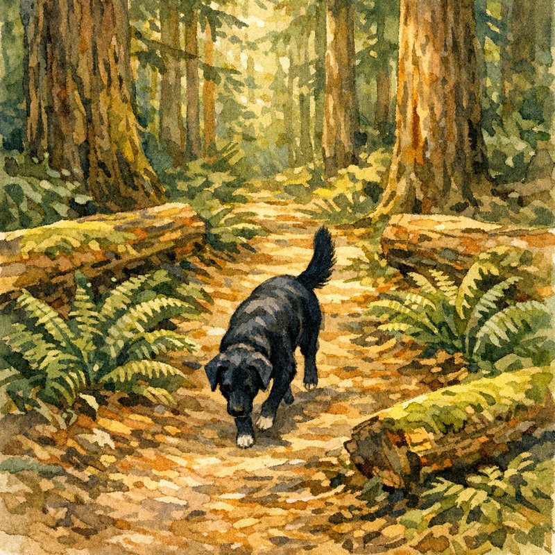 Daisy the black farm dog trotting happily on a forest trail through towering Douglas fir trees on Vancouver Island — dappled light, ferns, mossy logs