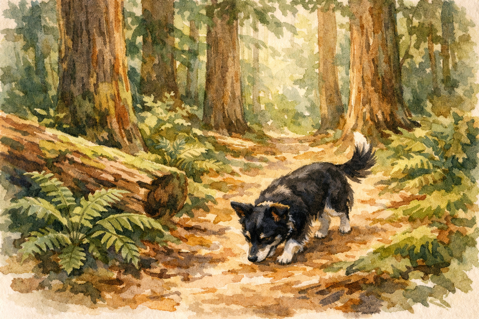 Daisy the black farm dog trotting happily on a forest trail through towering Douglas fir trees on Vancouver Island — dappled light, ferns, mossy logs