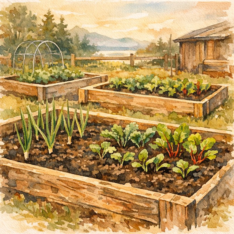 Spring raised garden beds at Meadow View Farm — garlic shoots pushing through dark soil, young kale and chard seedlings, wooden beds in soft morning light