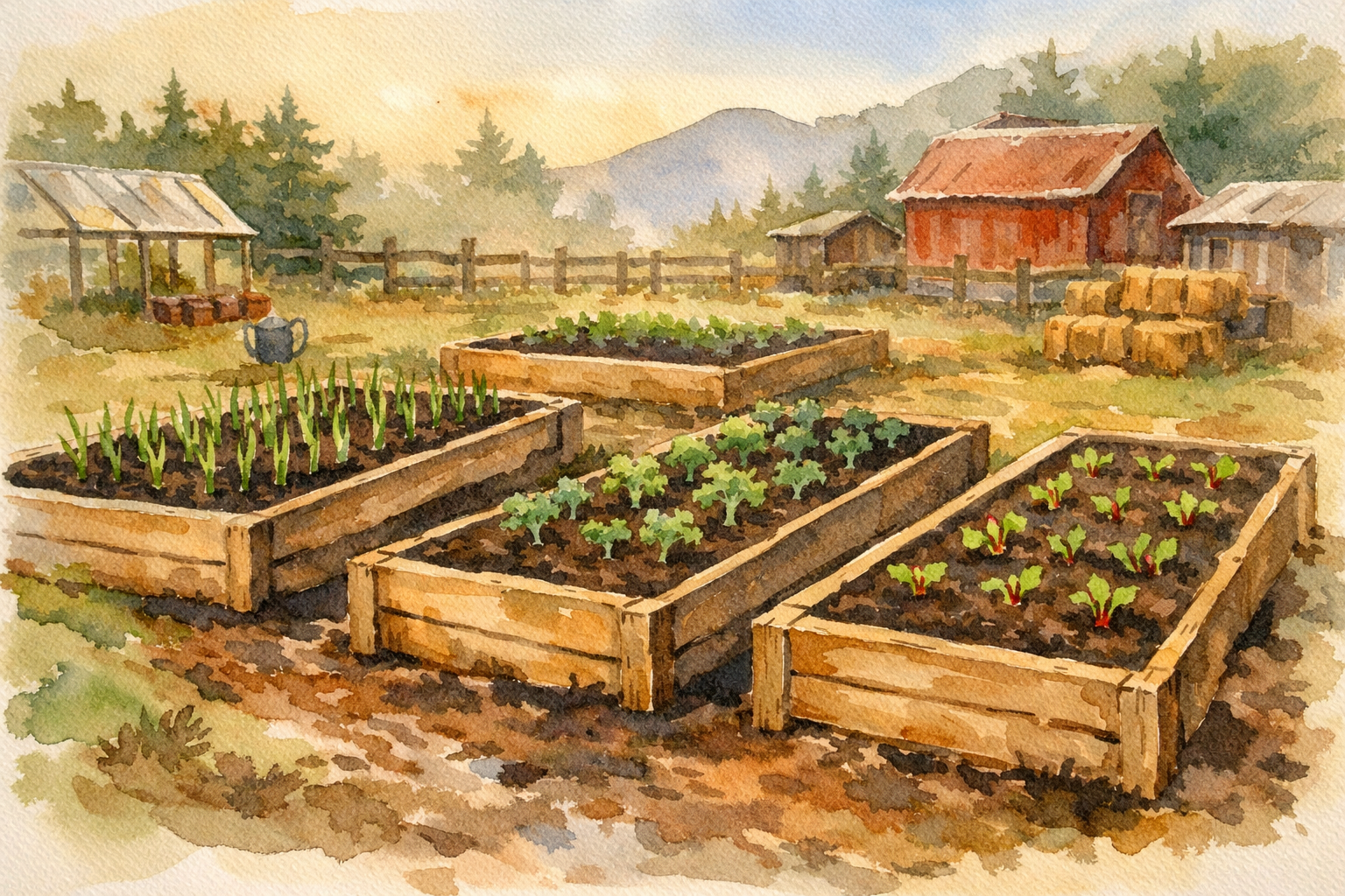 Spring raised garden beds at Meadow View Farm — garlic shoots pushing through dark soil, young kale and chard seedlings, wooden beds in soft morning light