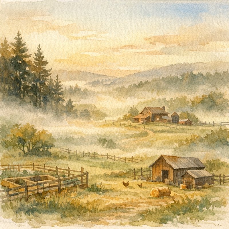 Morning mist rising over Meadow View Farm — a rustic farmhouse in the distance, fog over green fields, Douglas fir silhouettes in early golden light