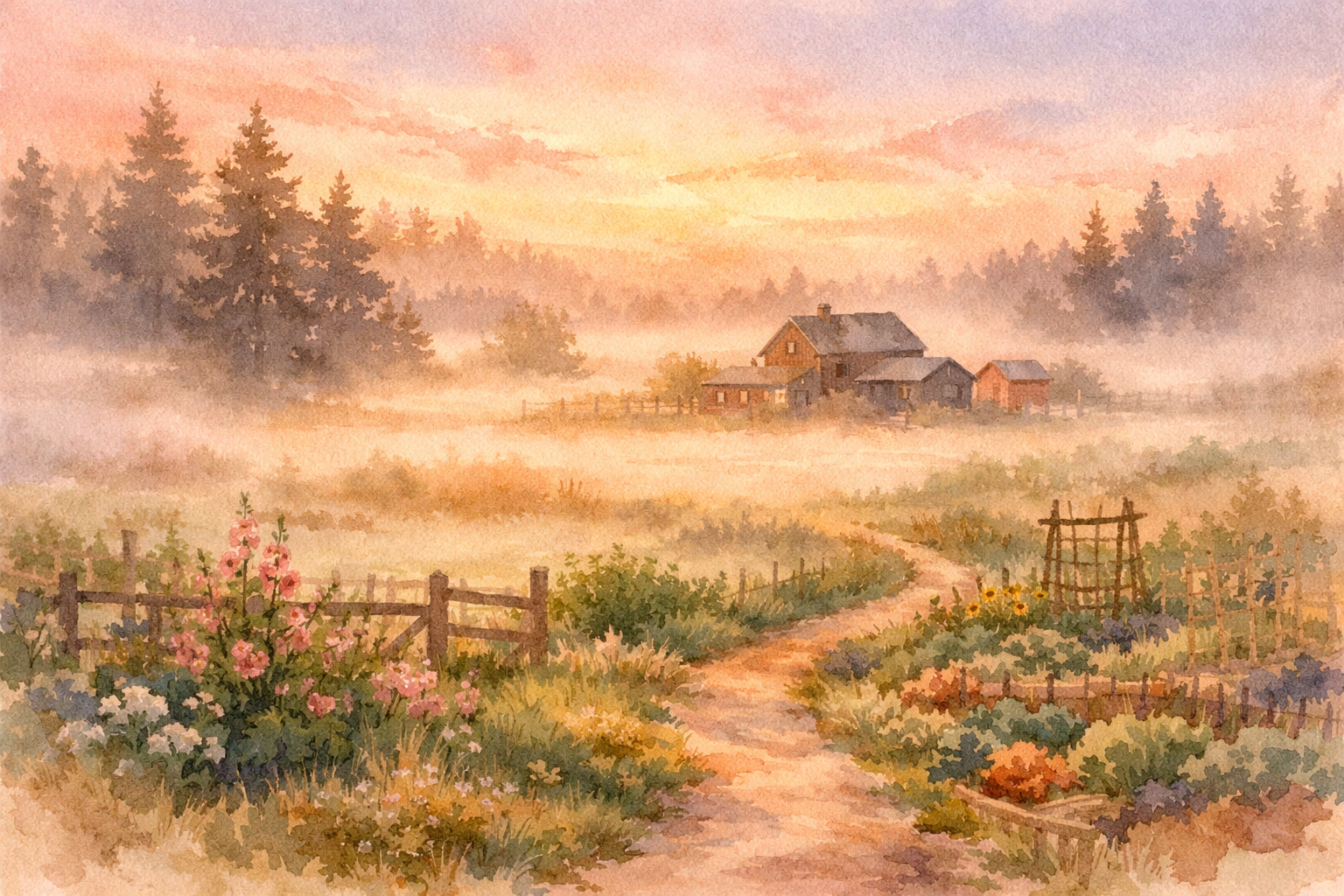 Morning mist rising over Meadow View Farm — a rustic farmhouse in the distance, fog over green fields, Douglas fir silhouettes in early golden light