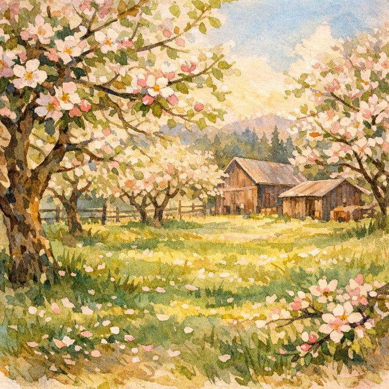 Spring apple orchard in full bloom at Meadow View Farm — white and pink blossoms, soft morning light through the branches, green grass below