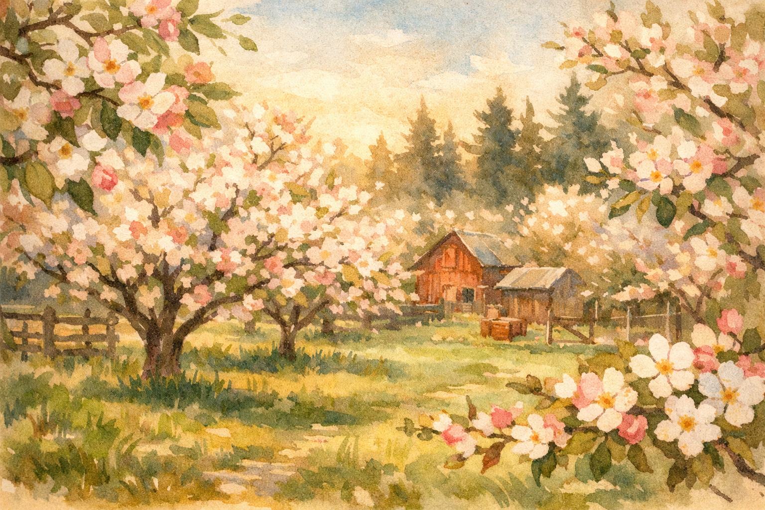 Spring apple orchard in full bloom at Meadow View Farm — white and pink blossoms, soft morning light through the branches, green grass below